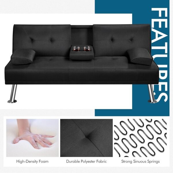 Yaheetech Linen Fabric Modern Sofa Bed Futon Couch Bed Folding Recliner Sleeper Reversible Loveseat Convertible Daybed, 2 Cup Holders, 3 Angles, 772lb Capacity, Removable Armrests, Black - Image 9