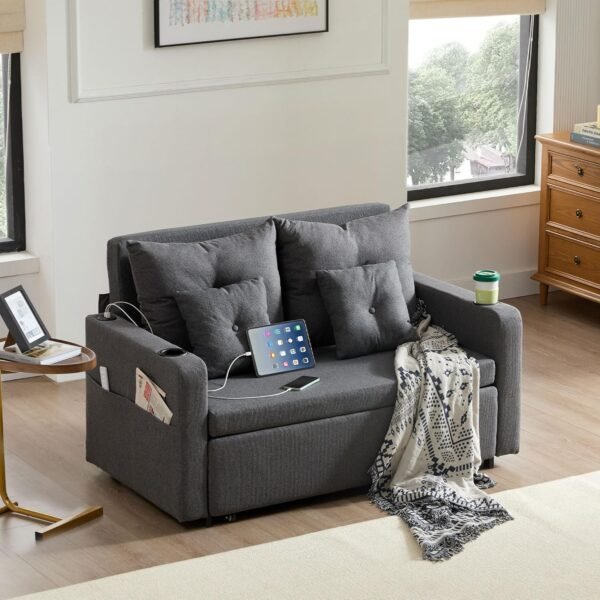 3 in 1 Pull Out Couch, 56 Inch Convertible Sleeper Sofa Bed, Loveseat Sofa with Cup Holders, Storage Pockets, USB, Sofa Couches for Living Room, Bedroom, Apartment, Deep Grey - Image 7