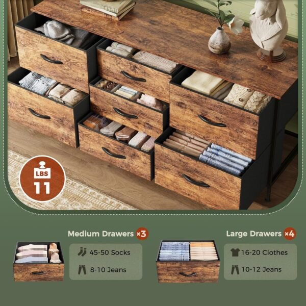 Dresser with 7 Drawers, 47 Inch Dresser TV Stand for 43, 50, 55 Inch TV, Wide Fabric Dresser Chest of Drawers, Metal Frame, Storage Dresser for Bedroom, Nursery, Clothing, Rustic Brown - Image 6
