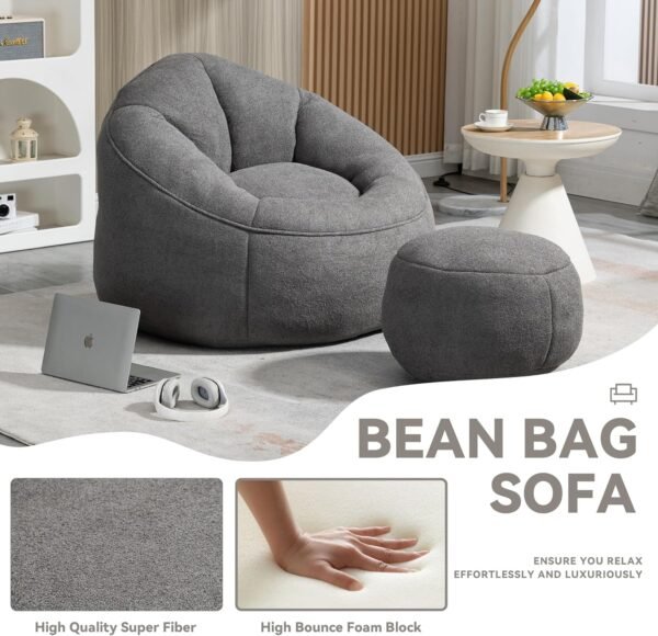 Bean Bag Sofa with Ottoman for Adults, Bean Bag Sofa Chairs with High-Density Foam Modern Lazy Sofa for Living Room Bedroom College Dorm Grey - Image 5