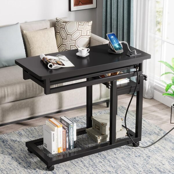 Tribesigns Small Portable Desk with Power Outlet, Height Adjustable Sofa Couch Bedside Laptop Table with Wheels, Mobile Standing Desk Rolling Computer Cart C Side Table with USB Ports - Image 3