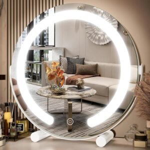 FENNIO Vanity Mirror with Lights, 13 inch COB LED Lighted Makeup Mirror, Round Makeup Mirror with Lights with 3-Color Lighting, 360° Rotation, Dimmable for Tabletop, Bedroom