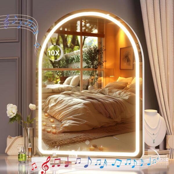 Hasipu Vanity Mirror with Lights and Bluetooth Speaker, 20"×26" Arched LED Makeup Mirror, Lighted Desktop Makeup Mirror with Lights, Smart Touch Control Dimmable 3 Modes Light White