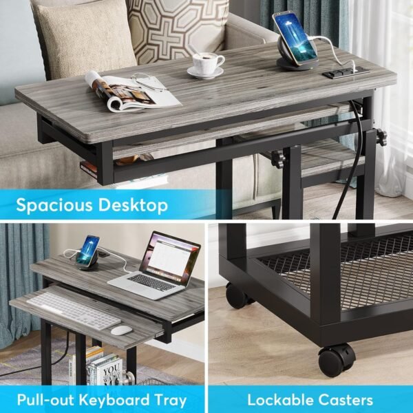 Tribesigns Small Portable Desk with Power Outlet, Height Adjustable Sofa Couch Bedside Laptop Table with Wheels, Mobile Standing Desk Rolling Computer Cart C Side Table with USB Ports - Image 8