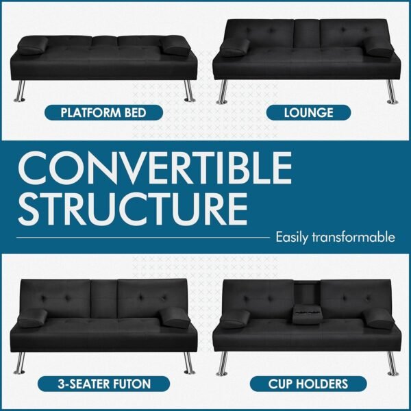 Yaheetech Linen Fabric Modern Sofa Bed Futon Couch Bed Folding Recliner Sleeper Reversible Loveseat Convertible Daybed, 2 Cup Holders, 3 Angles, 772lb Capacity, Removable Armrests, Black - Image 8
