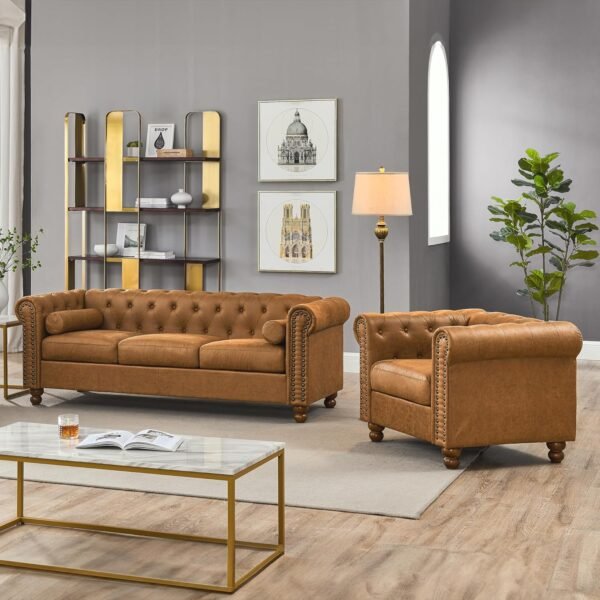 Rolled Arm Air Leather Club Chair Set of 2, 2-Piece Accent Chair Set for Living Room Small Apartment Office Décor - Image 6
