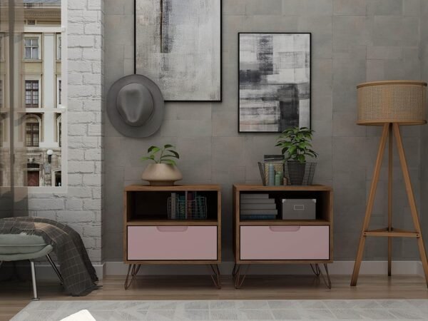 Manhattan Comfort Rockefeller Nightstands Set of 2 with Drawer and Cubby, Ideal for Bedroom and Living Room, Bedside Table with Mid Century Modern Design, Functional Storage Organizer, Pink - Image 2