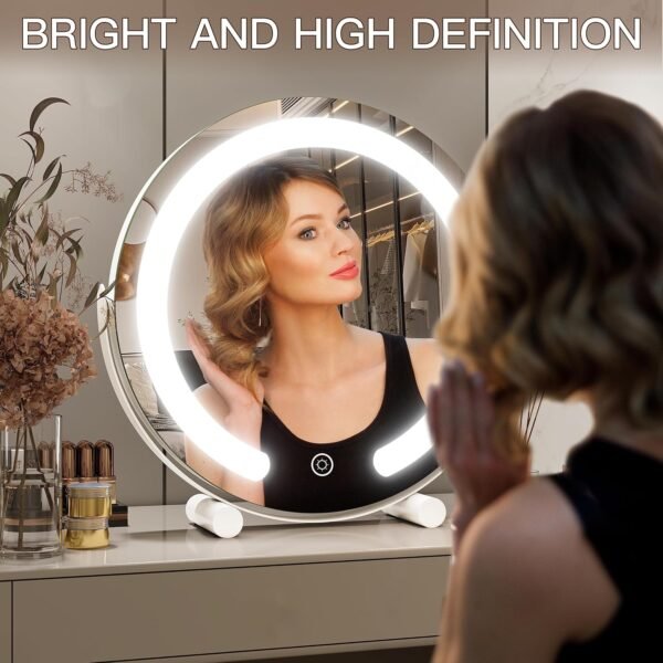 FENNIO Vanity Mirror with Lights, 13 inch COB LED Lighted Makeup Mirror, Round Makeup Mirror with Lights with 3-Color Lighting, 360° Rotation, Dimmable for Tabletop, Bedroom - Image 2