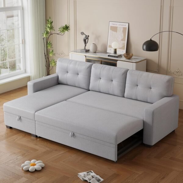 Linen Upholstered Pull Out Sectional Sofa with Storage Chaise,Couch W/ Removable Back Cushions,Can Be Converted Into a Twin Size Sleeper,for Living Room,Apartment,Office,Light Gray - Image 6
