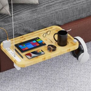 Bedside Shelf with USB Charging Port – Cup Holder, and AC Outlets – Perfect Dorm Room Essential and Floating Bamboo Nightstand, Bed Side Table Bunk Bed Shelf with Cupholder,Wooden Nightstand,Hooks