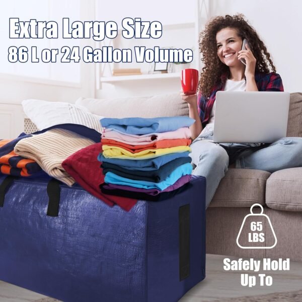 SWEET DOLPHIN 6 Pack Extra Large Moving Bags with Strong Zippers & Carrying Handles, Heavy Duty Storage Tote for Space Saving Moving Storage, Fold Flat, Alternative to Moving Box (Navy Blue) - Image 7