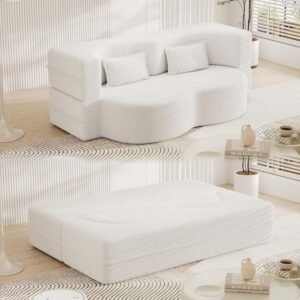 78″ Teddy Loveseat Sofa Cloud Couch, 2 in 1 Convertible Sleeper Sofa Bed Full Size, Modern Boucle Floor Sofa Guest Bed with 2 Pillows for Living Room Apartment Office (Beige)