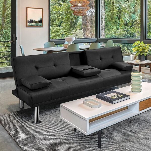 Yaheetech Linen Fabric Modern Sofa Bed Futon Couch Bed Folding Recliner Sleeper Reversible Loveseat Convertible Daybed, 2 Cup Holders, 3 Angles, 772lb Capacity, Removable Armrests, Black - Image 2