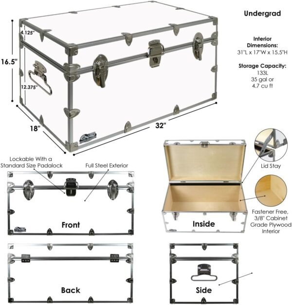 C&N Footlockers - Large Undergrad Storage Trunk w/Tray - Made in the USA - Only STEEL Footlocker on Amazon - Durable Chest with Lid Stay - 32 x 18 x 16.5 Inches (Dark Green) - Image 2