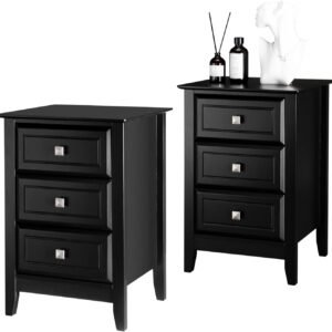 Bonnlo Upgraded 3 Drawers Night Stands for Bedrooms Set of 2, Wooden Black Nightstand Stylish, Modern Bed Side Table/Night Stand for Small Spaces, College Dorm, Kids’ Room, Living Room, 24H