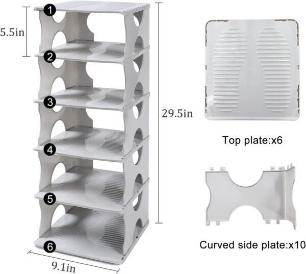 6-Tier Shoe Rack, Stackable Storage Organizer for Bedroom Entry, Adjustable Rack, Shoe Slots Shelf, Easy Tower Rack, Grey - Image 3