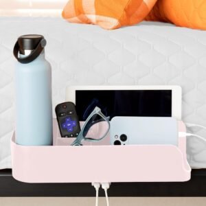 Squirrel-Bedside Perch for College Dorm Room Lofted Bed, Floating Organizer with USB-C & A Charging Ports, Small Spaces, Bed Side Caddy & Nightstand, Device & Bottle Holder, Dorm Essential, Pink