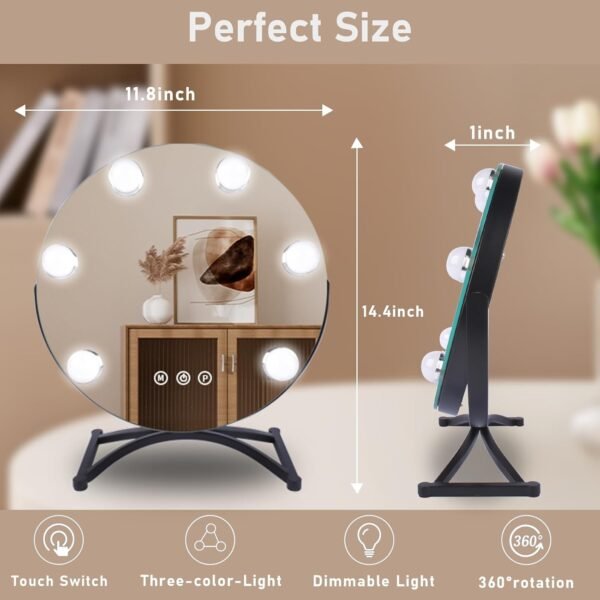 LED Makeup Mirror with Light, Plug-in Dimmable Vanity Mirror, 12" X 12” Desk Mirror with Touch Screen（Black） - Image 3