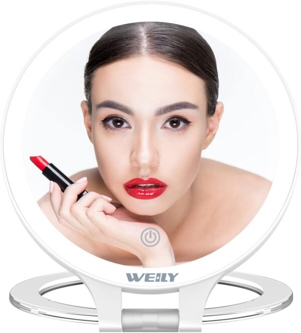 WEILY Magnifying Makeup Mirror 10X/1X, Double Sided Tabletop Mirror with 3 Color Lights, Rechargeable LED Cosmetic Mirror for Makeup,Tweezing, Blackhead and Comedone Removal (White)