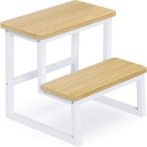 Step Stool for Adults & Kids,Holds up to 500Lbs,Heavy Duty Sturdy Steping Stool for Kichen/Bathroom/High beds, Wooden&Metal Frame, Non-Slip Rubber Pads