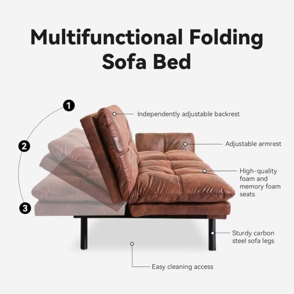 Opoiar Futon Sofa Bed, Memory Foam Couch Bed with Mattress and Frame Included,Comfortable Brown Faxu Leather Loveseat Sleeper Sofa for Dorm Apartment Office College Small Space Bedroom RV Living Room - Image 5