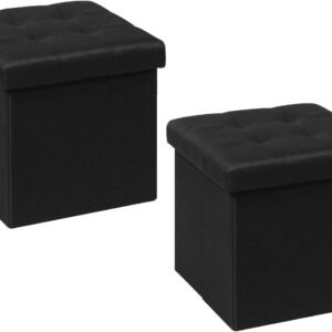 B FSOBEIIALEO Storage Ottoman Cube, Storage Chest Folding Foot Rest Seat, Linen Black 12.6″X12.6″X12.6″ (2 Pack)