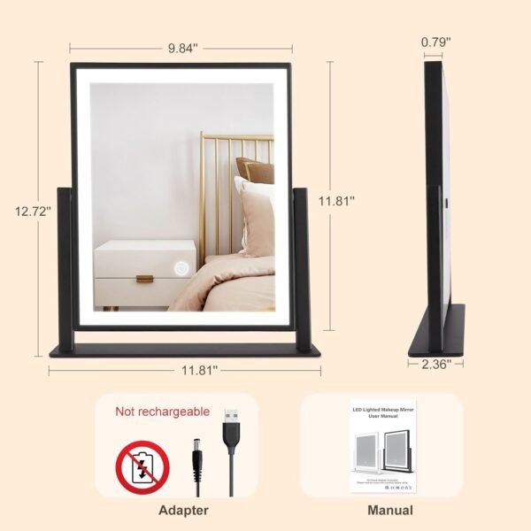 Beelux Hollywood Style Vanity Mirror - 12 in Black Makeup Mirror with Light, Dimmable Lights, Smart Control, Adjustable Warm White/Natural/Daylight, 360°Rotation for Makeup Enthusiasts - Image 6