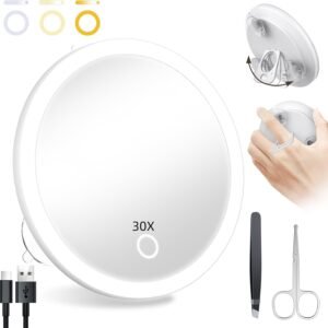 Lighted 30X Magnifying Mirror, 30X Makeup Magnifying Mirror with Suction Cups, Ring Handheld Magnifying Mirror with 3 Color Lights Rechargeable 5” Travel Magnification Mirror with Tweezers & Scissors