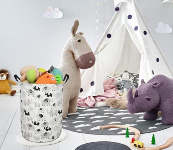 19.7" Round Canvas Large Clothes Basket Laundry Hamper with Handles,Waterproof Cotton Storage Organizer Perfect for Kids Boys Girls Toys Room, Bedroom, Nursery,Home,Gift Basket(elephant) - Image 3