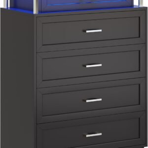 AOGLLATI Black Dresser for Bedroom with Column Design, Dressers & Chests of Drawers, 5 Drawer Dresser with Cladding Process Design, Modern Tall Bedroom LED Dresser for Bedroom,Black