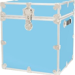 Rhino Trunk & Case Leather Embossed Vinyl Cube Trunk, College Chest, Home Storage, Dorm Seat, Lockable Student Footlocker, Strong Trunks, 1000+ Pounds Sitting Capacity 18″x18″x20″ (Sky Blue)