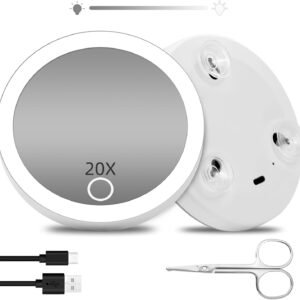 20X Magnifying Mirror with Light, Rechargeable 4inch Small Pocket Mirror with 3 Suction Cups, Travel Lighted Makeup Mirror with 20X Magnification, LED Compact Magnifying Mirror with Scissors Sets