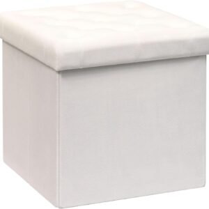 B FSOBEIIALEO Storage Ottoman Velvet Tufted Folding Ottomans Footstool Rest Seat with Removable Lid (White, Medium)