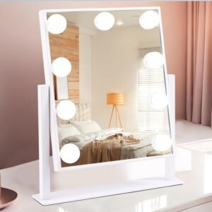 Vanity Mirror with Lights, Hollywood Lighted Makeup Mirror with 9 Dimmable Bulbs & 3 Color Lighting Modes, Detachable 10x Magnification, 360°Rotation, Smart Touch Control, White.