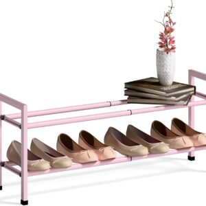 2-Tier Expandable Shoe Rack for Closet, 18“-33” Adjustable Shoe Rack for Small Space, Small Shoe Organizer for Front Door, Sturdy Metal, Pink