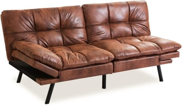 Opoiar Futon Sofa Bed, Memory Foam Couch Bed with Mattress and Frame Included,Comfortable Brown Faxu Leather Loveseat Sleeper Sofa for Dorm Apartment Office College Small Space Bedroom RV Living Room