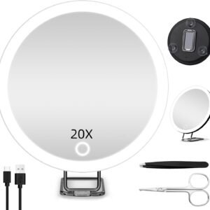 20X Magnifying Mirror with Lights, 6” Makeup Magnified Mirror 20X High Magnification Mirror, Handheld Makeup Magnifying Mirror with Suction Cup & Stand, 20X LED Travel Magnifying Mirror for Women/Men