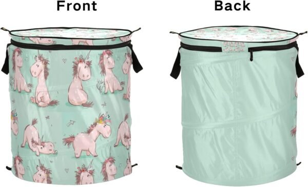 Oyihfvs Seamless Cute Cartoon Pink Fairytale Unicorn Horse on Turquoise Folding Pop Up Laundry Hamper, Portable Basket with Handles Zipper Storage Organizer for Bedroom Bathroom College Dorm Travel - Image 2