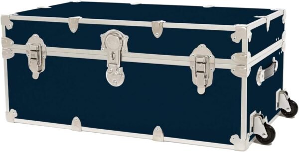 Rhino Trunk & Case Large Leather Embossed Vinyl Trunk with Removable Wheels, Summer Camp, College, Storage 32"x18"x14" (Navy Blue)