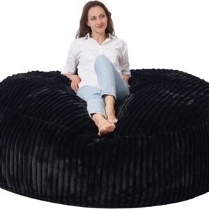 Bean Bag Chair, 6′ BeanBag Chairs with Memory Foam Filling for Adults, Soft Bean Bags with Corded Plush Fur Cover for Living Room Bedroom College Dorm 6FT(70″×70″×15″)-Black