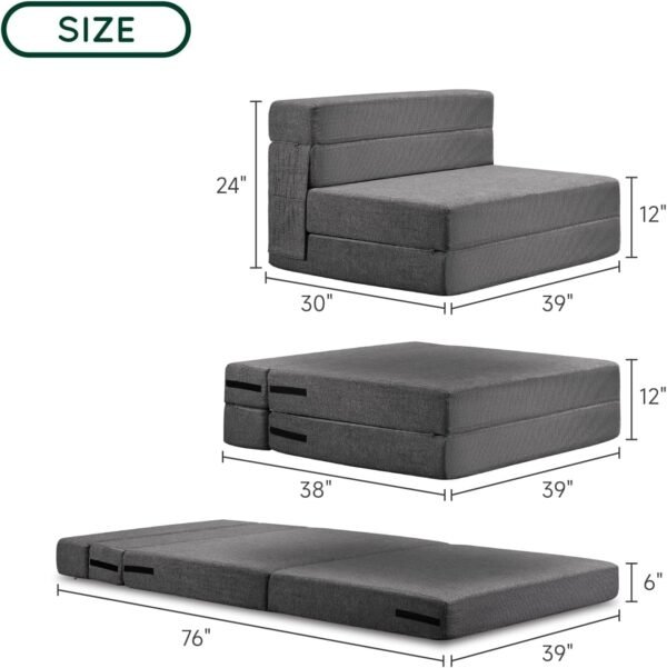 Z-hom Folding Sofa Bed, 2024 Upgraded 6 inch Memory Foam Couch, Convertible Sleeper Chair Floor Couch, Futon Sofa Sleeper Chair with Pillow & Washable Cover for Living Room/Bedroom/Guest, Grey - Image 3