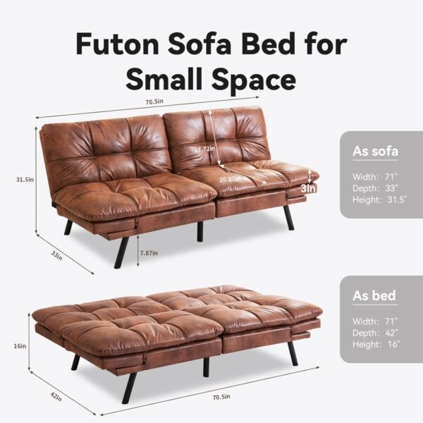 Opoiar Futon Sofa Bed, Memory Foam Couch Bed with Mattress and Frame Included,Comfortable Brown Faxu Leather Loveseat Sleeper Sofa for Dorm Apartment Office College Small Space Bedroom RV Living Room - Image 3