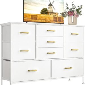 Wide Dresser for Bedroom TV Stand Entertainment Center with Large Chest of 9 Drawers for 50” TV with Leather Front, Metal Handles for Closet, Entryway, Living Room, Glacier White