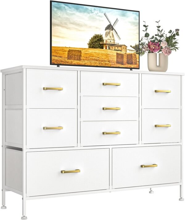 Wide Dresser for Bedroom TV Stand Entertainment Center with Large Chest of 9 Drawers for 50'' TV with Leather Front, Metal Handles for Closet, Entryway, Living Room, Glacier White