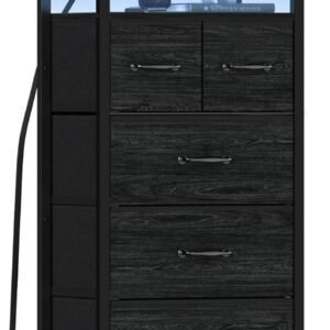 Furnulem Dresser for Bedroom, Tall Nightstand, Vertical Chest with Wood Top, Charging Station, LED Lights, 5 Fabric Bins, Bedside Table with Shelf, Furniture for Entryway (5 Drawer, Black Oak)