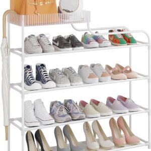 Sywhitta 4-Tier Free Standing Shoe Rack with Storage Boxes – High Capacity Organizer for Corridor, Living Room, Balcony, Bedroom, White