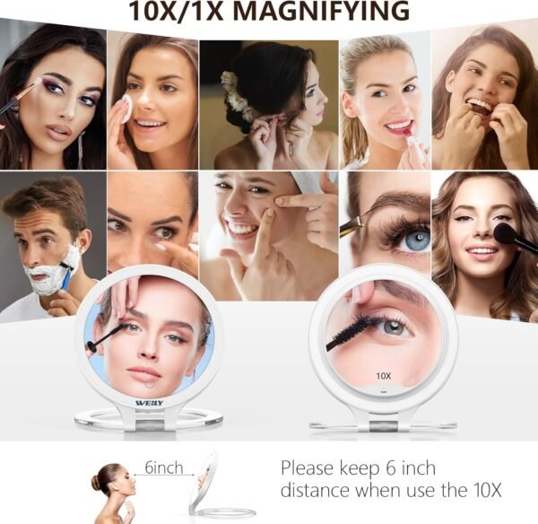 WEILY Magnifying Makeup Mirror 10X/1X, Double Sided Tabletop Mirror with 3 Color Lights, Rechargeable LED Cosmetic Mirror for Makeup,Tweezing, Blackhead and Comedone Removal (White) - Image 2