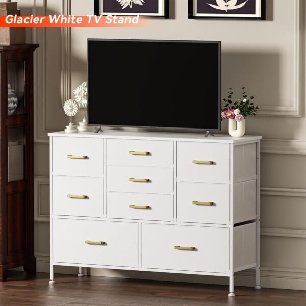 Wide Dresser for Bedroom TV Stand Entertainment Center with Large Chest of 9 Drawers for 50'' TV with Leather Front, Metal Handles for Closet, Entryway, Living Room, Glacier White - Image 4