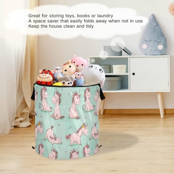 Oyihfvs Seamless Cute Cartoon Pink Fairytale Unicorn Horse on Turquoise Folding Pop Up Laundry Hamper, Portable Basket with Handles Zipper Storage Organizer for Bedroom Bathroom College Dorm Travel - Image 6