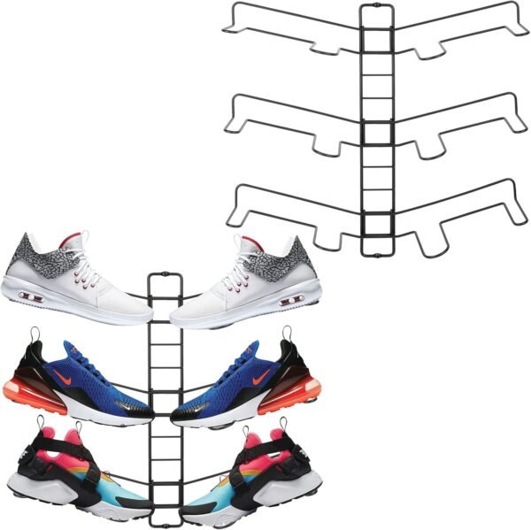 mDesign Modern Metal Shoe Organizer Display & Storage Shelf Rack - Adjustable Shelves Hang & Store Kicks, Running, Basketball, Tennis Shoes - 3 Tier, Each Wall Mount Unit Holds 6 Shoes, 2 Pack, Black